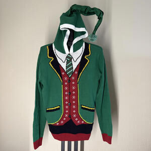 Ugly Christmas Sweater Men's XL Elf Suit Hoodie w/ Pom Pom
